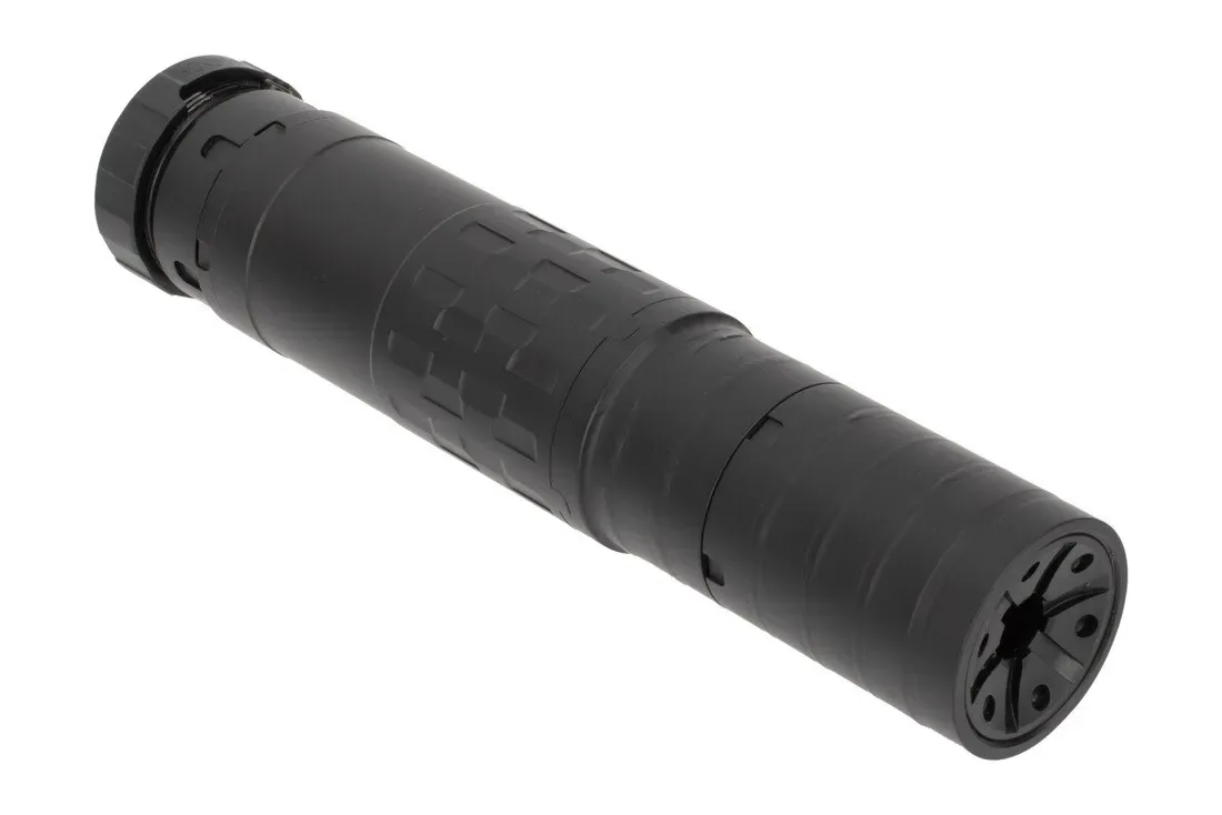 SilencerCo Omega 36M multi-caliber suppressor on a white background