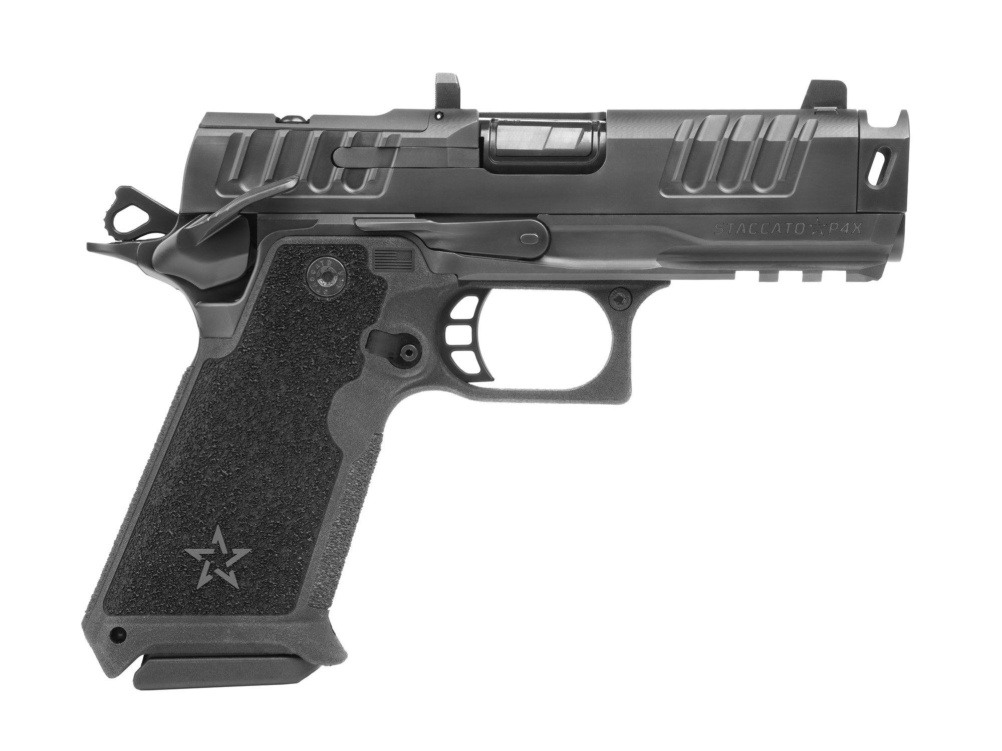 Left profile of the Staccato HD P4X, a full-size steel-frame compensated 9mm pistol