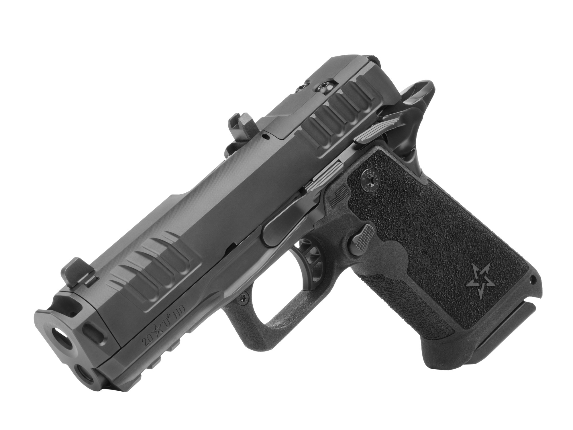 Muzzle view of the Staccato HD P4X showing its 4-inch flush-fit compensated barrel