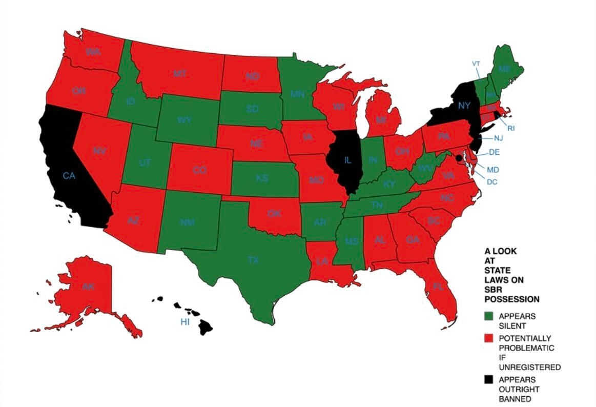 Map of Palmetto State Armory SBR shipping eligibility by state, with 17 green states where PSA ships qualifying short-barreled rifles without NFA registration