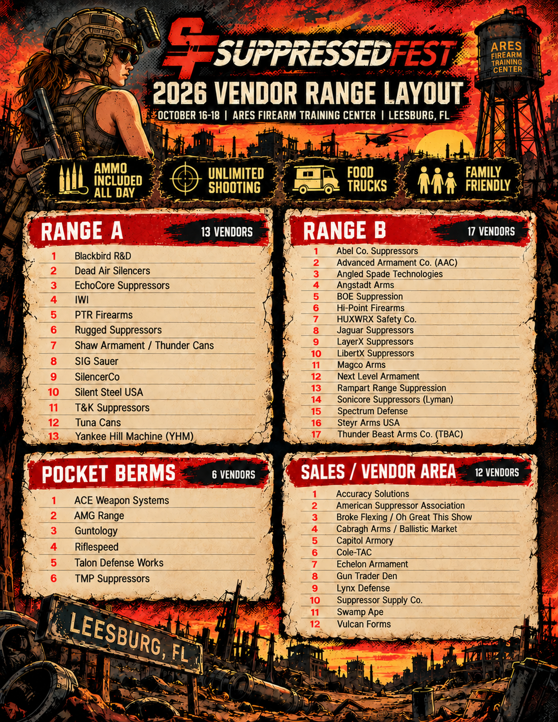 Suppressed Fest 2026 vendor range layout listing manufacturers on Range A, Range B, the pocket berms and the sales area
